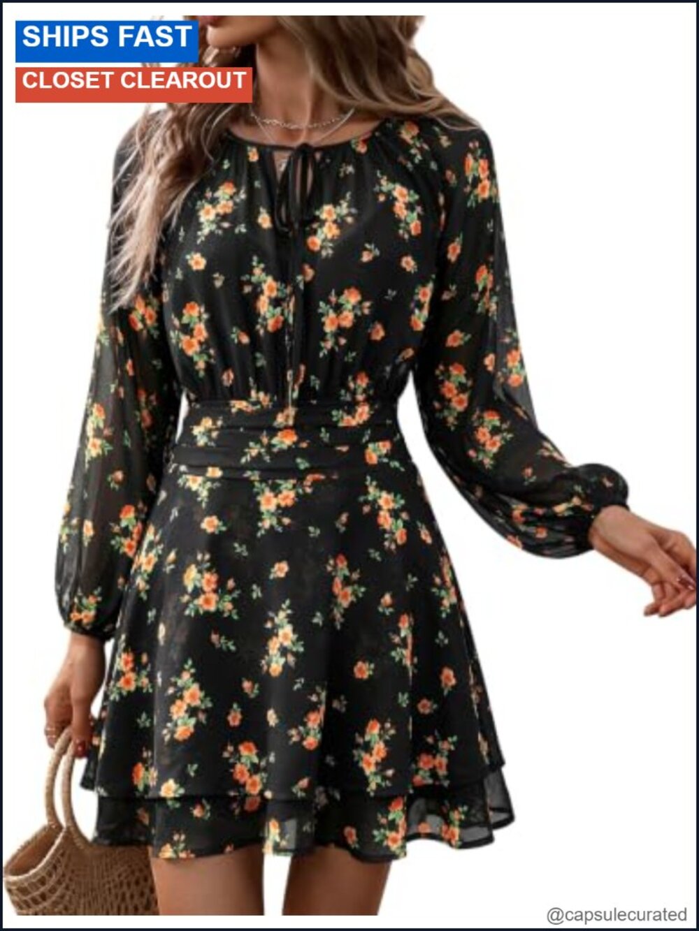 Womens Chiffon Floral Mini Dress Long Sleeve V-Neck A-Line Flowy Boho
